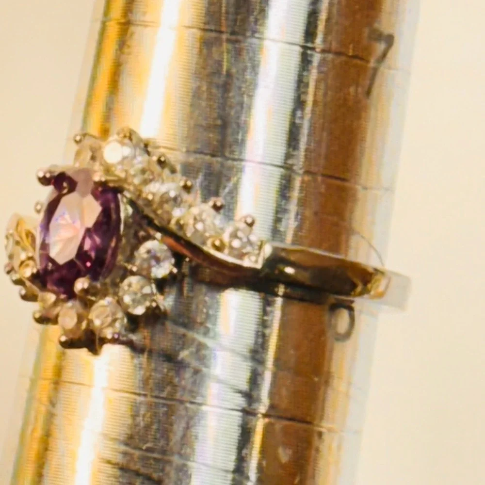 Ring Purple Oval Stone Silver Tone Bypass Halo Statement Boho Whimsygoth Size 7